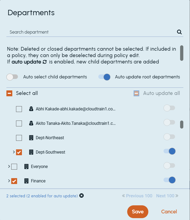 Example of Auto-Update activated in Arctera Insight, displaying selected departments and automated updates to maintain classification coverage as organizational structures change.