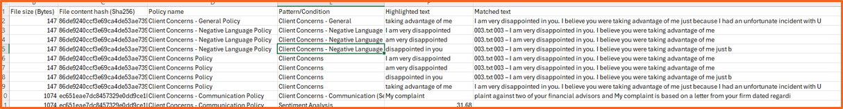 Screenshot of Arctera Insight’s enhanced CSV export showing highlighted text, matched text, and policy names used to analyze classification accuracy and tune detection patterns.